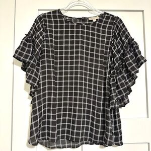 LOFT Women’s Black and White Windowpane Ruffle Sleeve Blouse • Large Petite